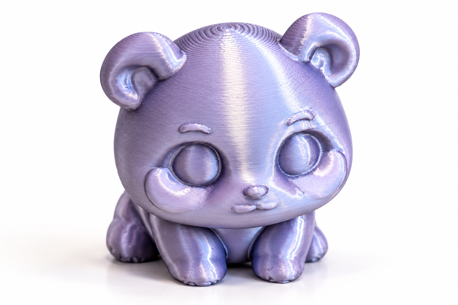 Pearlescent lavender 3D-printed chibi panda figurine with big round eyes